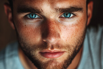 Obraz premium A close-up portrait of a man with light blue eyes that shimmer with surprise. His expression is full of life and energy, and the warm lighting enhances the beauty of his features, making for an