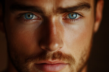 Obraz premium A close-up portrait of a man with light blue eyes that shimmer with surprise. His expression is full of life and energy, and the warm lighting enhances the beauty of his features, making for an