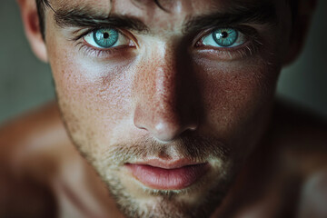 Obraz premium A close-up portrait of a man with light blue eyes that shimmer with surprise. His expression is full of life and energy, and the warm lighting enhances the beauty of his features, making for an