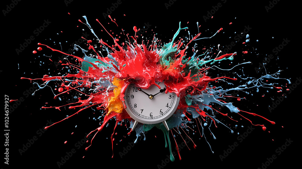 Aufkleber vintage clock is surrounded by vibrant splashes of paint, creating dynamic and artistic scene that captures essence of time and creativity. colorful explosion evokes sense of energy and movement
