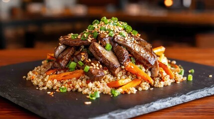artistic arrangement of marinated mushrooms alongside quinoa and roasted vegetables served on a slate platter with a sprinkle of sesame seeds