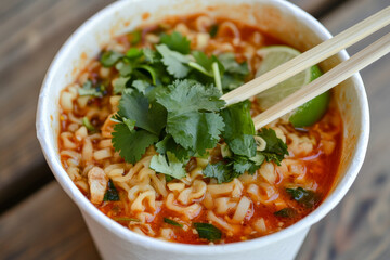 A close-up of a white paper cup overflowing with Thai instant noodles in a fiery red broth, garnished with fresh cilantro and lime. The vibrant colors pop against the minimalist background, with