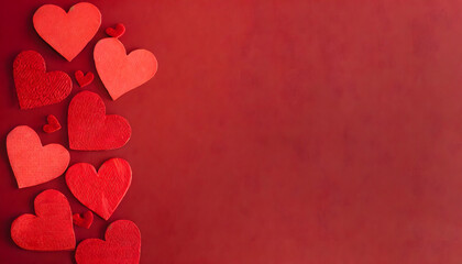 Red paper hearts of various sizes are arranged on the left side of the image against a red background. The hearts create a romantic composition, with some medium and large hearts featuring a 3D 