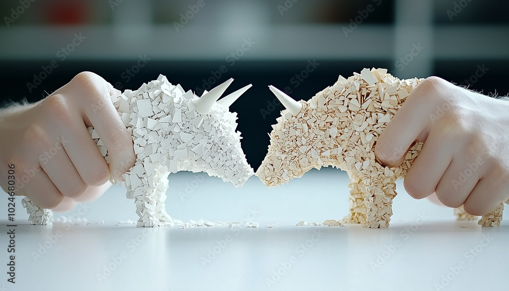 Poster creative hands hold two sculptures representing bull and bear, symbolizing market dynamics. intricat