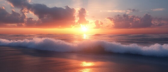 Fototapeta premium Golden Sunset Over a Wave Crashing on the Beach