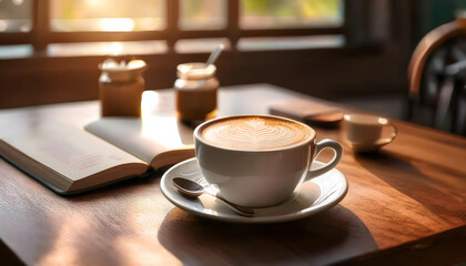 Fototapeta premium A café table holding a cappuccino with intricate latte art on top