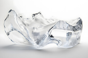 Transparent melted piece of acrylic, plastic isolated on white background