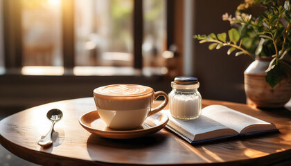 Fototapeta premium Latte art on a cappuccino resting on a table in a cozy café