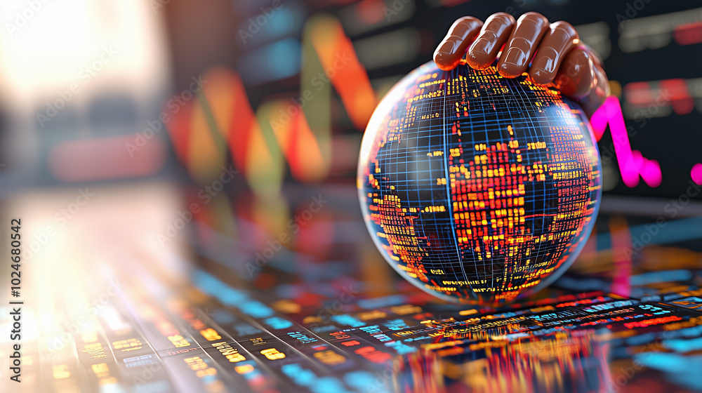Poster giant hand is pushing down on globe filled with stock market data, symbolizing control over global f