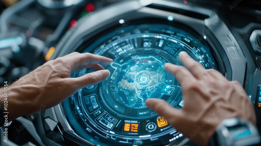 Poster person interacting with futuristic touchscreen interface displaying digital globe, showcasing advanced technology and data visualization. scene conveys sense of innovation and exploration
