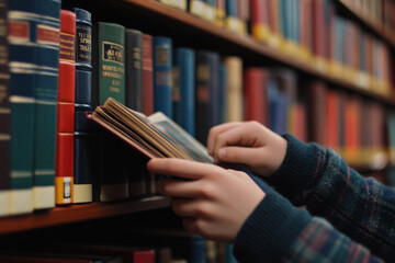 A close-up of a boy's hands as he turns the pages of a book in the library. The background features shelves filled with colorful books, creating a vibrant atmosphere that highlights the beauty of