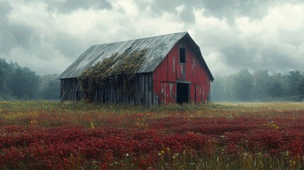 Obraz premium Abandoned barn in expansive field, peeling red paint, overgrown roof, echoes of rural past, nature reclaiming space, tranquil solitude