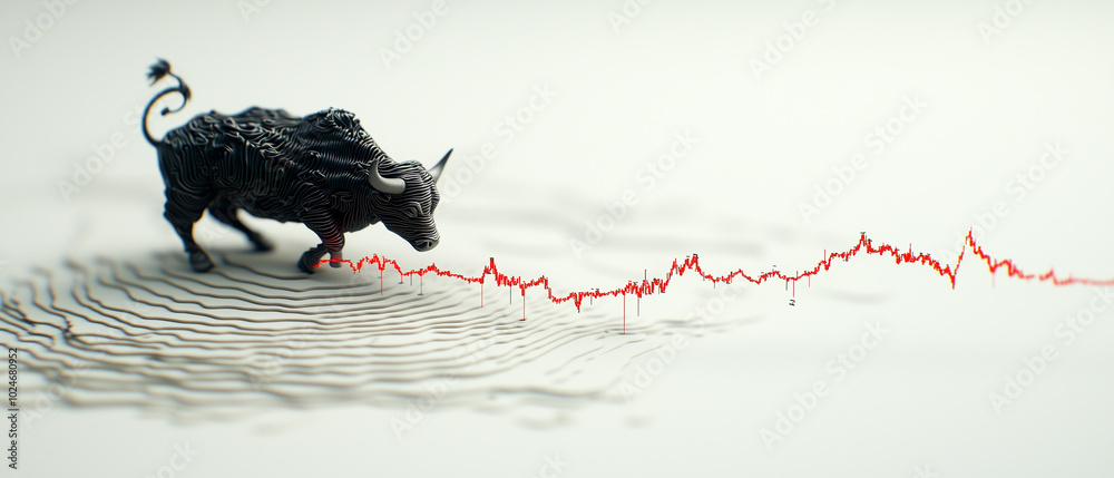 Poster stock market bull statue stands on textured surface, symbolizing market trends with red line graph. 