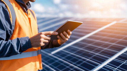 A man is holding a tablet in his hand while looking at a solar panel. Concept of technology and renewable energy, as the man is using a tablet to monitor the solar panel
