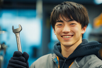 A cheerful young Japanese technician holds a wrench, beaming with enthusiasm. The modern workshop setting behind him complements his friendly demeanor, making him an approachable and skilled service