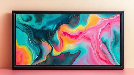 Vibrant Fluid Abstract Art with Blue Pink and Yellow Tones in Black Frame Wall Art