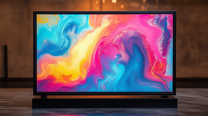 Bright Neon Color Fluid Art with Pink Yellow and Blue Swirls in Black Frame Modern Art