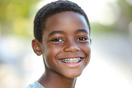 A cheerful young African American boy flashes a bright smile featuring his new braces. The close-up captures his joyful expression as he shows off his progress, reflecting the happiness and confidence