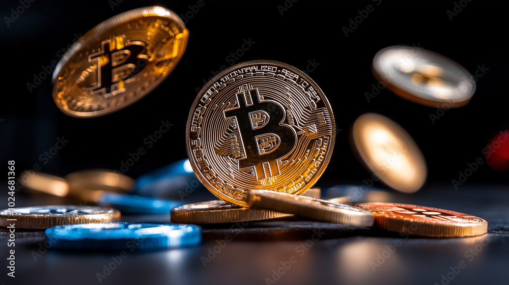 Poster Digital coins are falling in dynamic display, showcasing vibrant colors of cryptocurrency. scene captures essence of virtual finance and investment opportunities