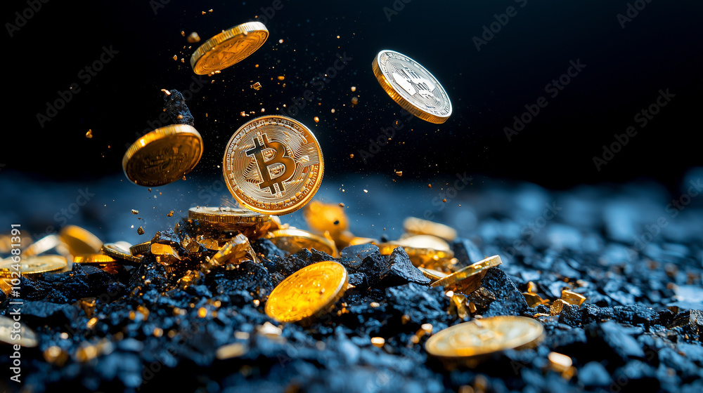 Aufkleber digital coins are falling from above, creating striking visual against dark background. scene captur