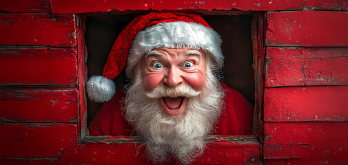 Santa peering through a window in a brick wall.