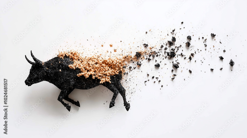 Poster digital representation of shattered bull statue, showcasing dynamic explosion of fragmented pieces. 