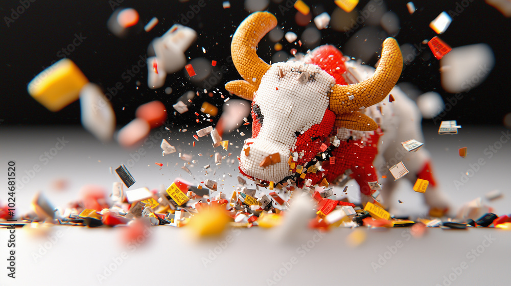 Poster digital representation of shattered bull statue made from colorful blocks, showcasing dynamic explosion of pieces. vibrant colors and intricate details create striking visual impact