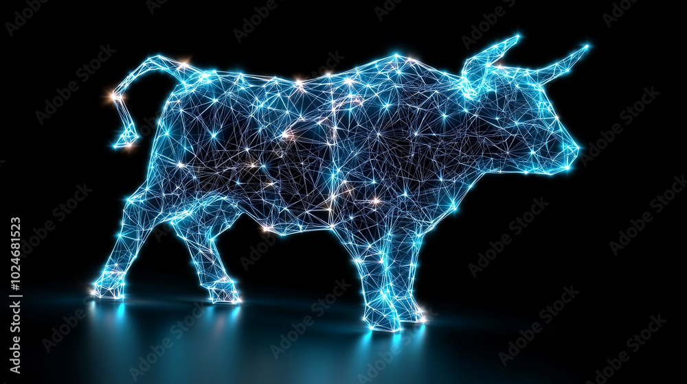 Poster digital representation of bull statue, intricately designed with glowing lines and nodes, symbolizin