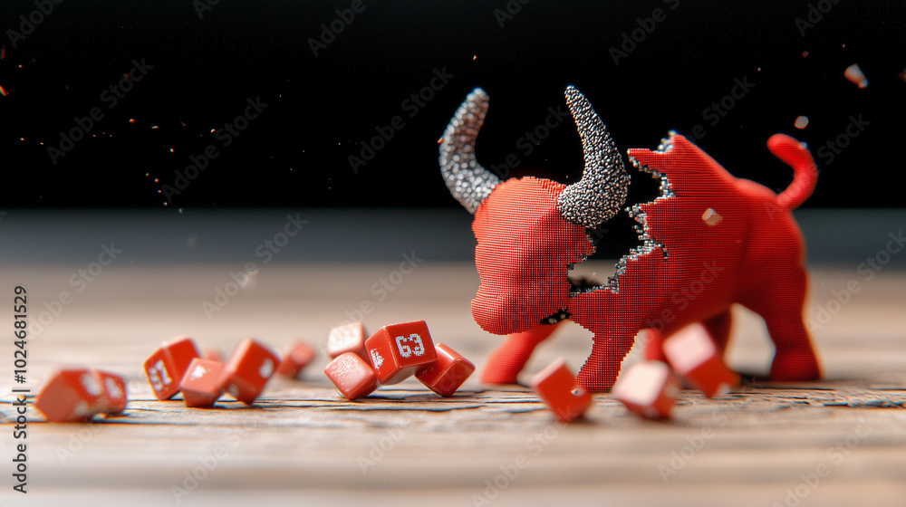 Aufkleber digital representation of shattered bull statue surrounded by red cubes, symbolizing market volatility and financial dynamics. scene evokes sense of disruption and change