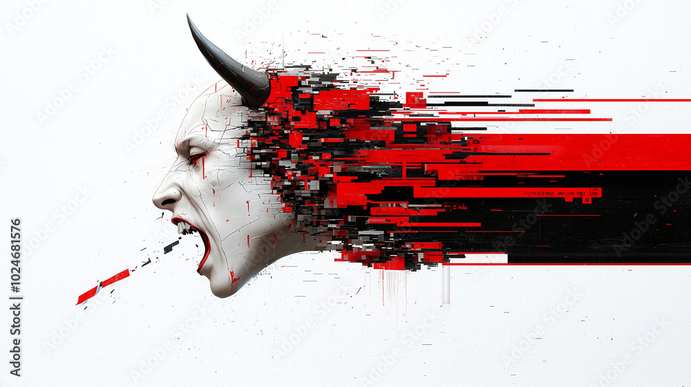 Poster digital representation of fragmented face with horns, expressing intense emotion through abstract red and black elements. artwork conveys sense of chaos and power