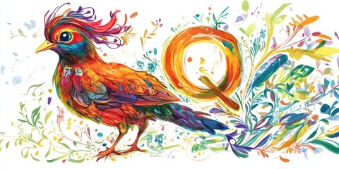 Naklejka premium Watercolor painting of a bird and a letter Q.