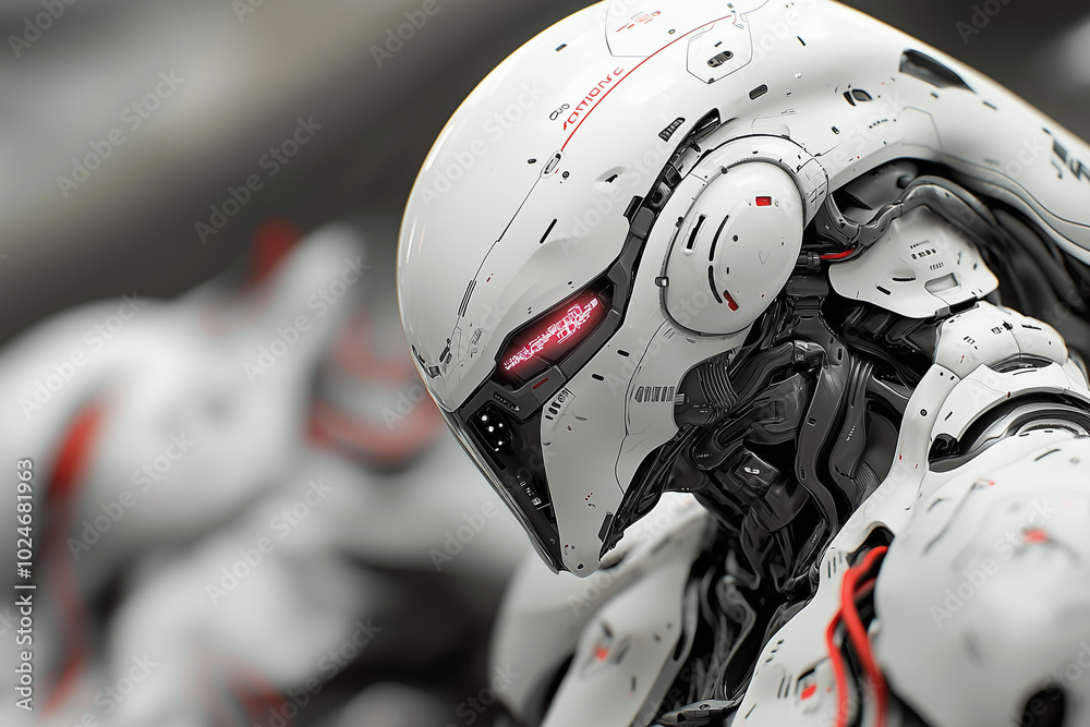 Poster futuristic robot with sleek design and intricate details, showcasing advanced technology and unique aesthetic. character features glowing elements and polished surface, evoking sense of innovation