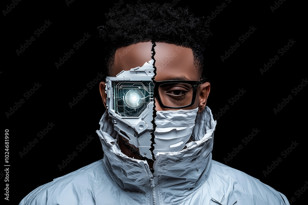 Poster futuristic cyberpunk character with divided face, showcasing blend of human and robotic features. st