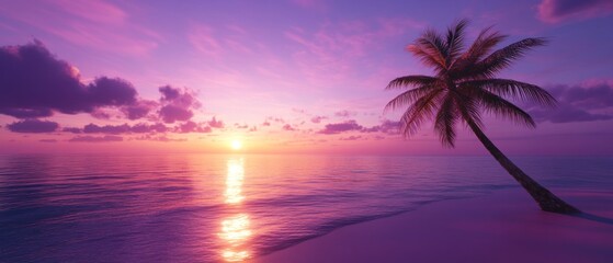 Naklejka premium Palm Tree Silhouette at Sunset on a Pink Beach