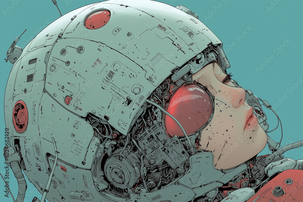 Aufkleber futuristic cyberpunk character with divided face, showcasing intricate mechanical details and serene