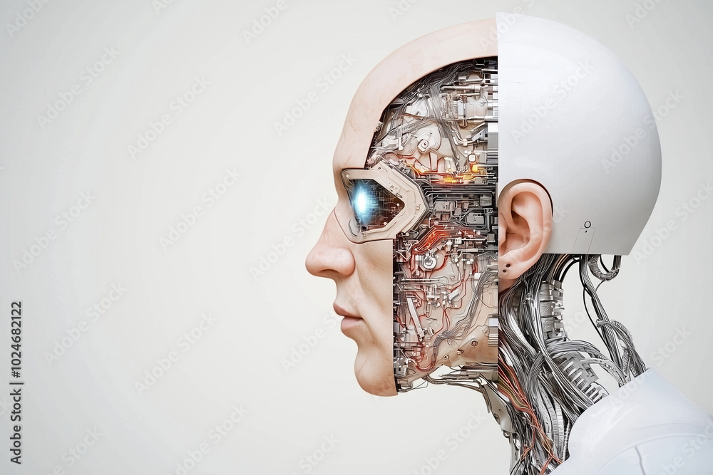 Poster futuristic cyberpunk character with divided face showcases intricate mechanical details and glowing 