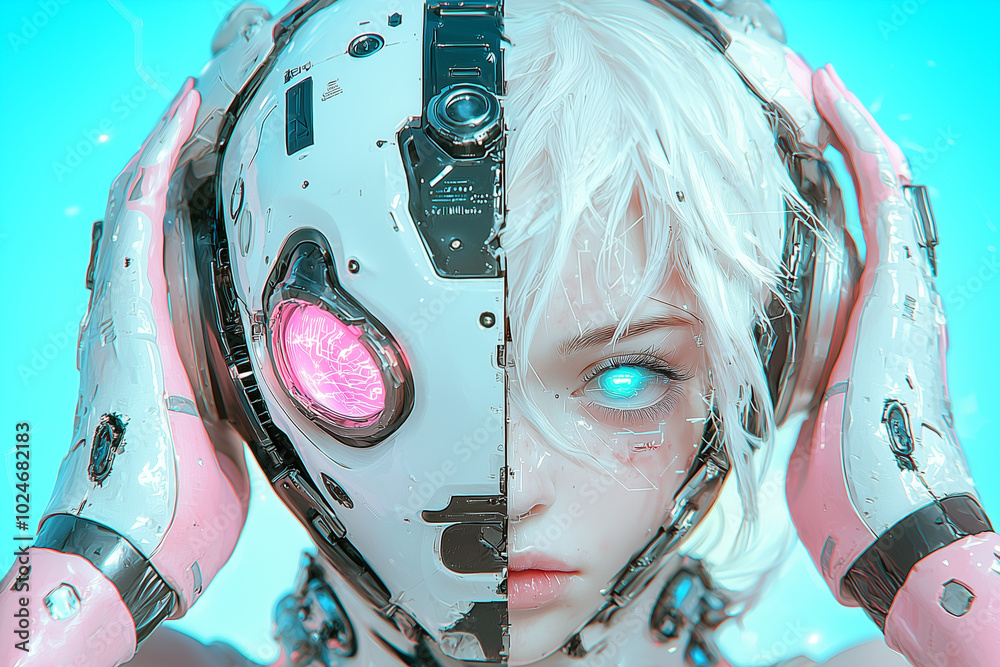 Poster futuristic cyberpunk character with divided face, showcasing blend of human and robotic features. ch