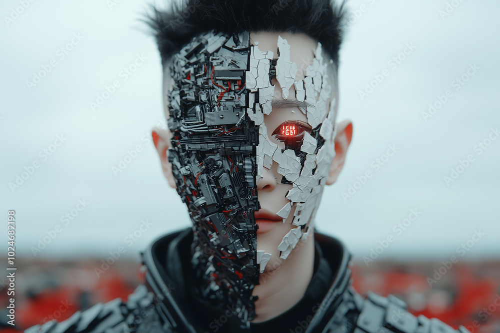 Poster front facing cyberpunk character with divided face, showcasing blend of human and mechanical feature