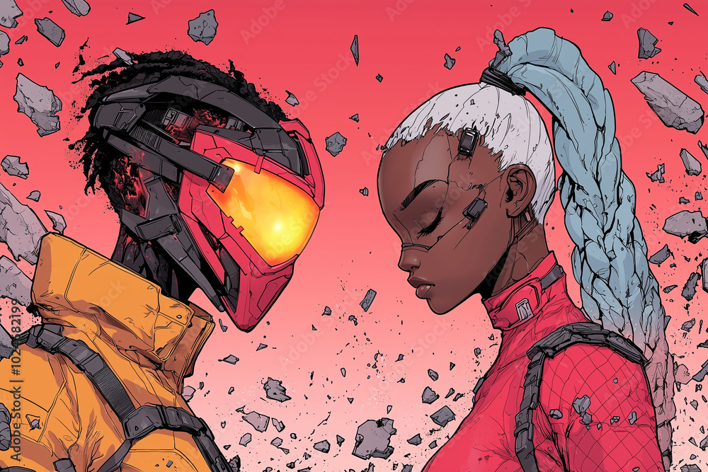 Poster striking illustration of two cyberpunk characters facing each other, showcasing divided face and con
