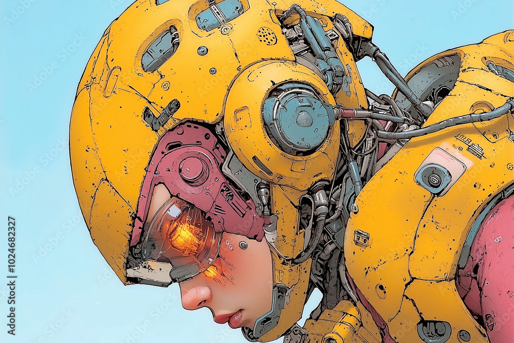 Poster futuristic cyberpunk character with divided face, showcasing intricate mechanical details and vibrant colors. characters expression conveys sense of determination and strength