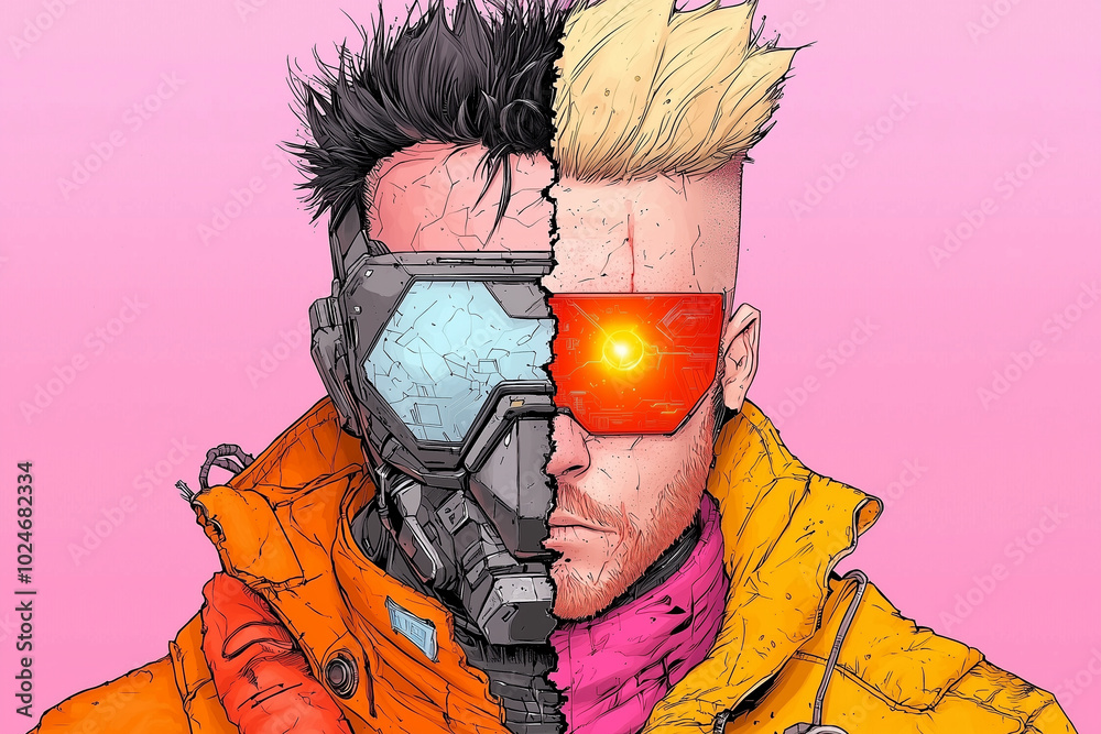 Poster striking cyberpunk character with divided face, showcasing blend of human and robotic features. vibr