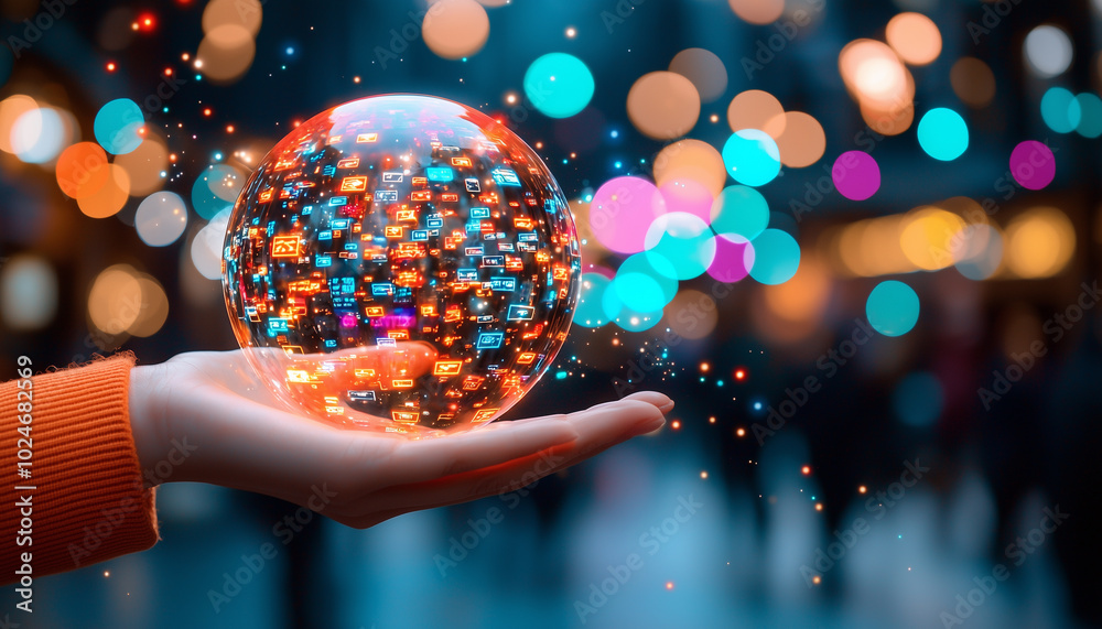 Aufkleber hand holds glowing glass globe filled with colorful digital icons, symbolizing technology and connec