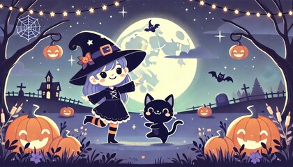 Cute Witch and Black Cat in Spooky Halloween Scene
