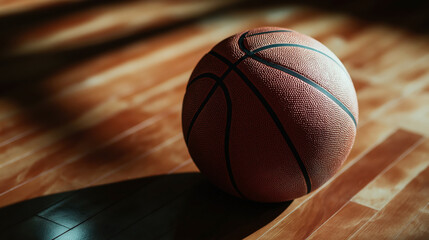 Close-up of a basketball on a wooden gym floor with dramatic lighting and shadows