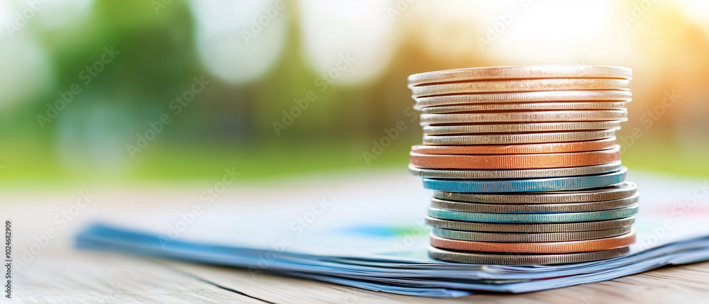 Poster stacked coins on newspaper symbolize financial growth and investment opportunities. blurred backgrou