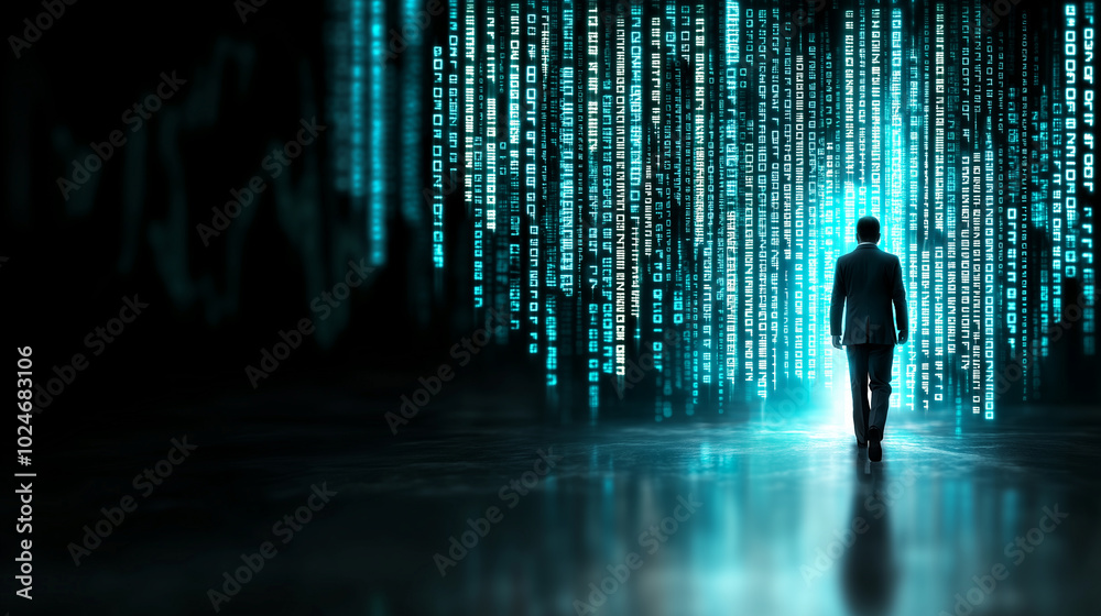 Poster person in suit walks through digital landscape filled with glowing binary code, symbolizing journey into technology and data. scene evokes sense of exploration and innovation