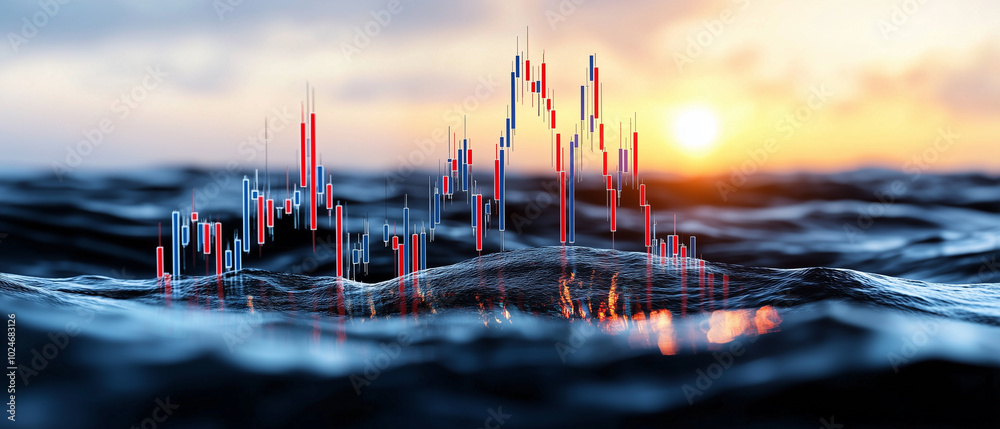 Aufkleber visual representation of stock market graphs floating on turbulent ocean waves, symbolizing volatility and uncertainty in financial markets as sun sets in background