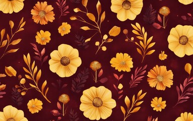 A vibrant floral pattern featuring yellow flowers and leaves on a deep red background.
