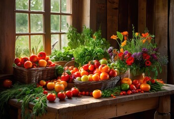 vibrant fresh produce displayed aesthetically rustic wooden farm table colorful fruits vegetables, asparagus, beans, blueberries, cabbage, carrots, cherries