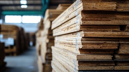 Obraz premium Stacked plywood sheets in a warehouse. This image is perfect for illustrating construction or DIY projects.